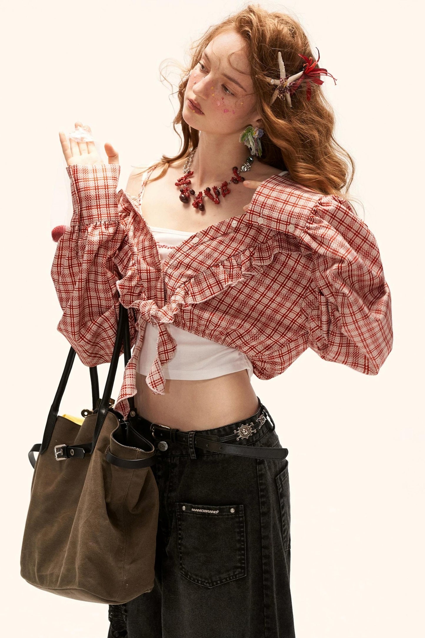 Cropped Plaid Off-Shoulder Blouse