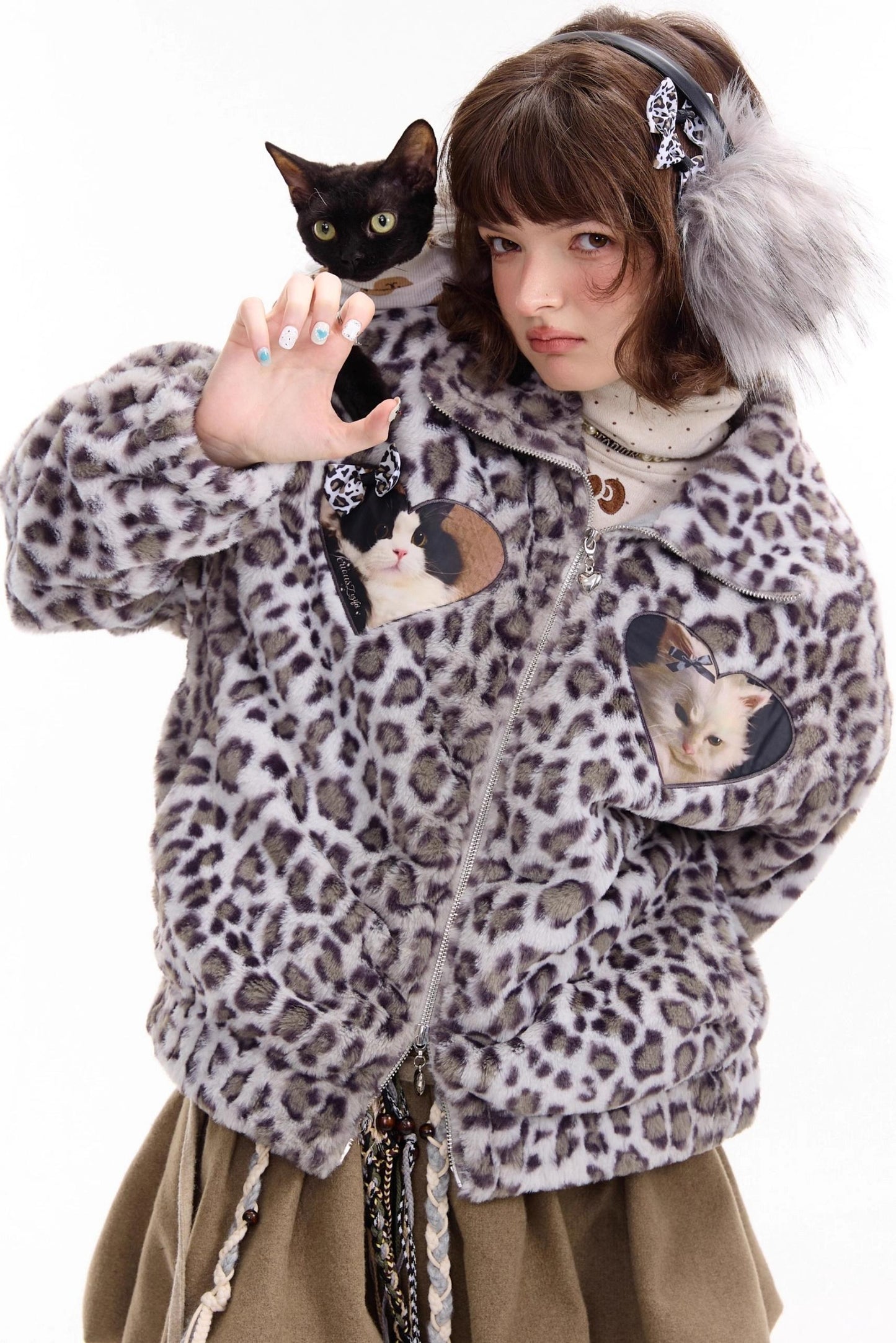 Winter Cat Print Fluffy Coat