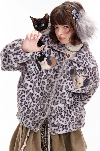 Winter Cat Print Fluffy Coat