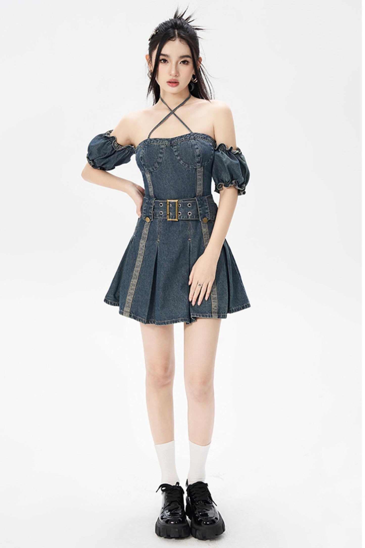 Vintage One-Shoulder Bubble Sleeves Denim Dress