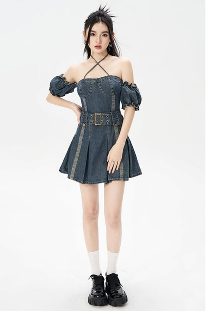 Vintage One-Shoulder Bubble Sleeves Denim Dress