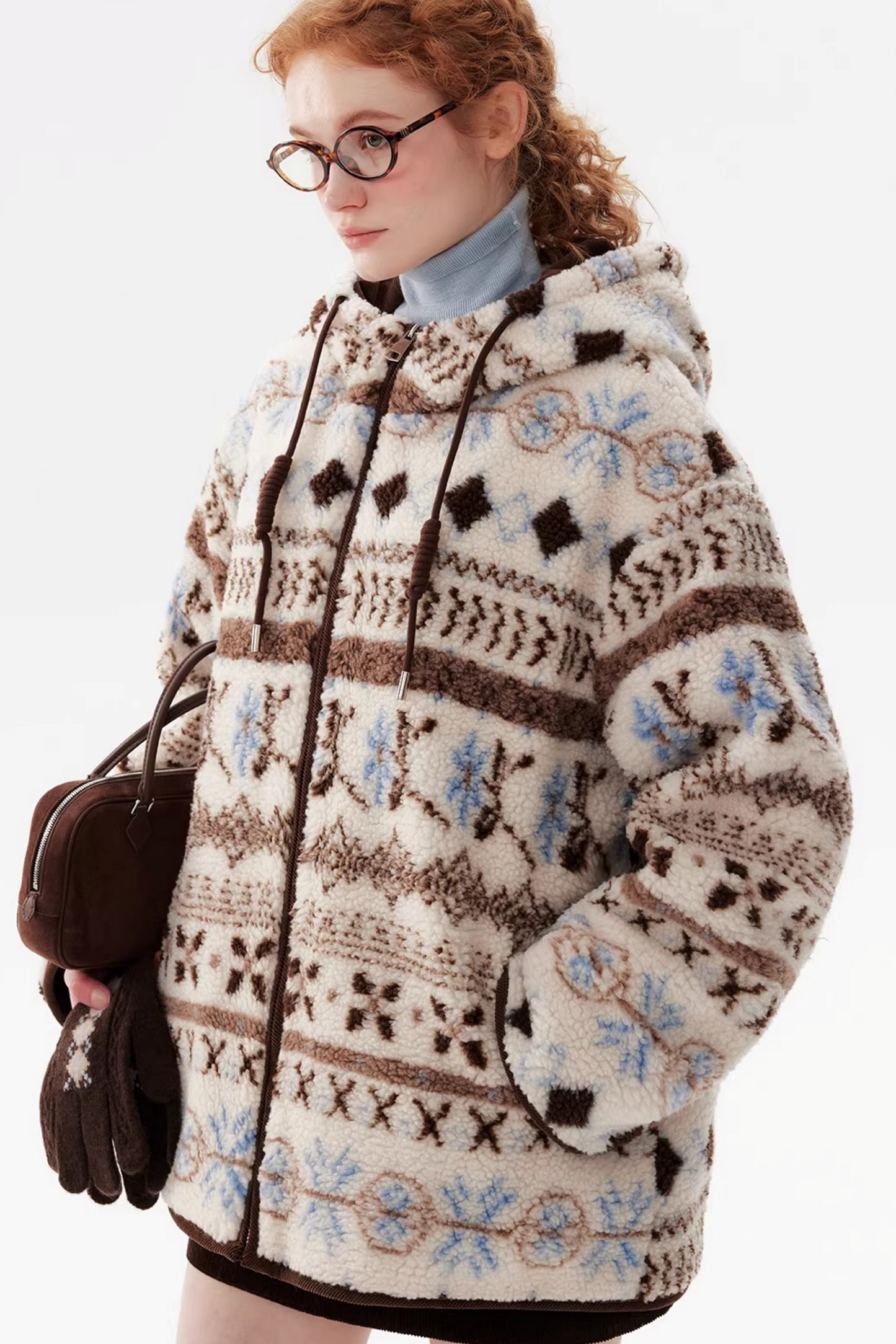 Scandinavian Snowflake Wool Hooded Coat