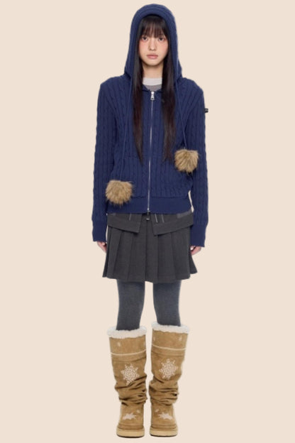 Furball Twisted Knit Hooded Cardigan