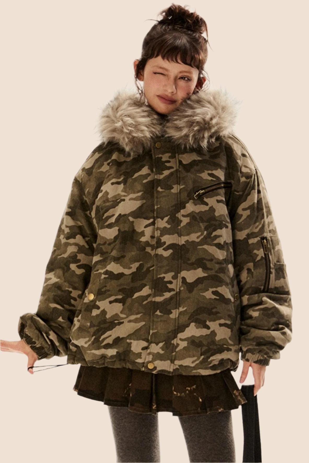 EZEK American Retro Army Green Camouflage Pelzkragen Kapuzenjacke Thickened Cotton Jacket Women's Winter New Jacket Cotton Jacket