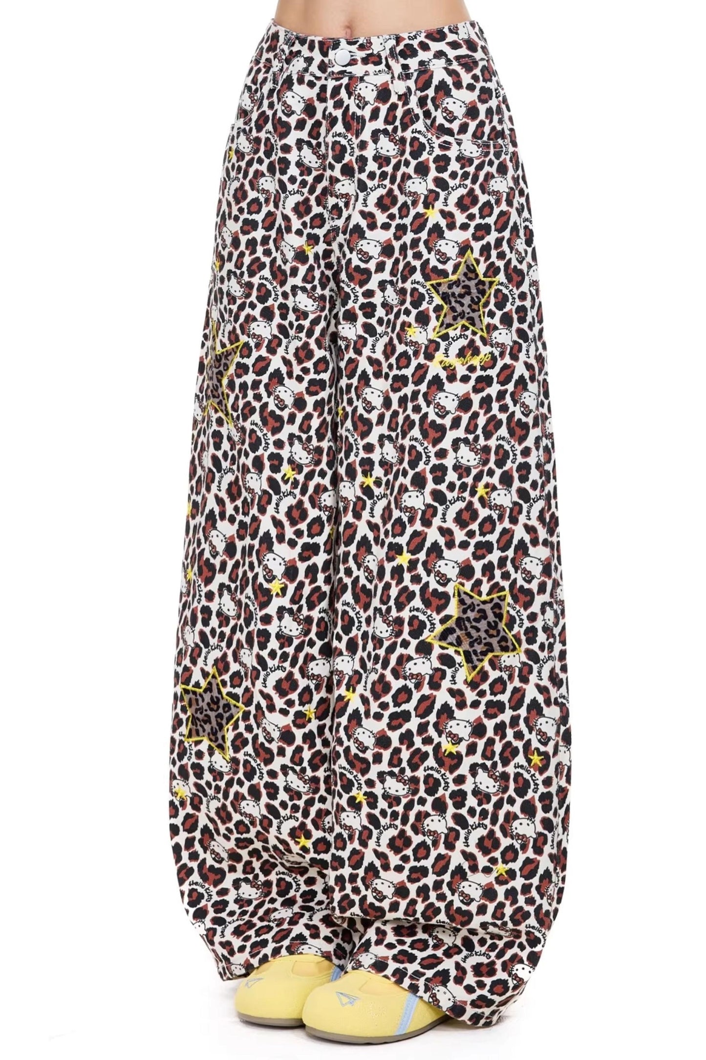 레트로 레오파드 와이드 레그 청바지