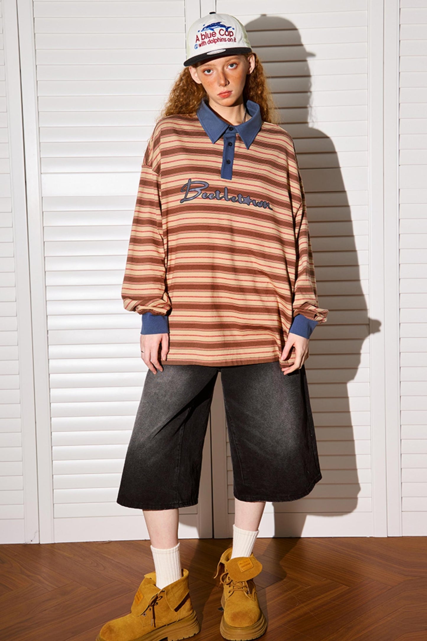 Loose Fit Striped Polo Neck Top