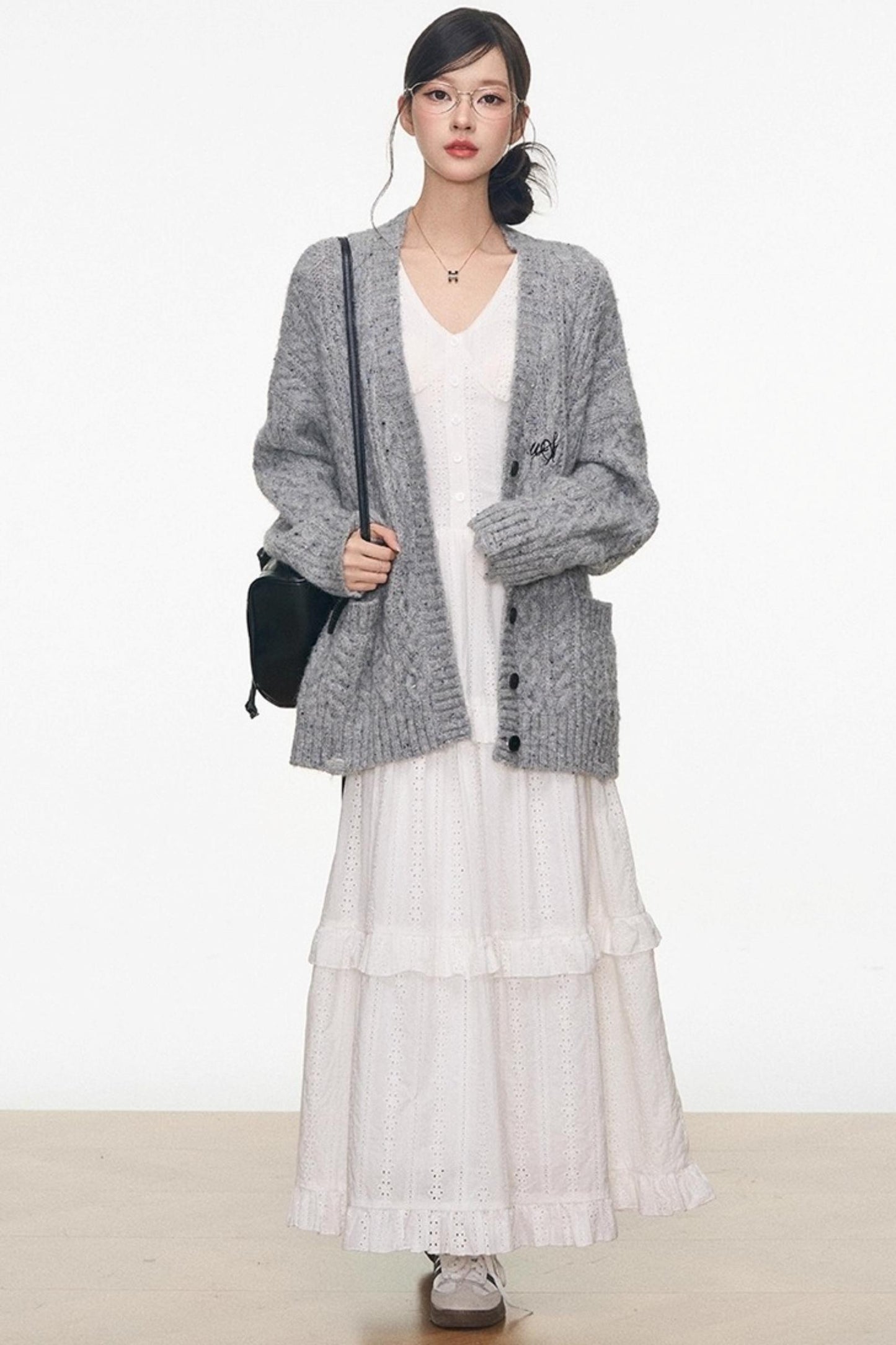 Gray Colored Sweater Cardigan Dress Set-Up