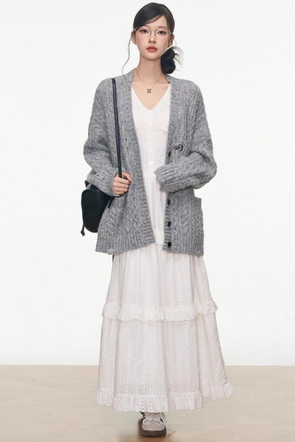 Gray Colored Sweater Cardigan Dress Set-Up