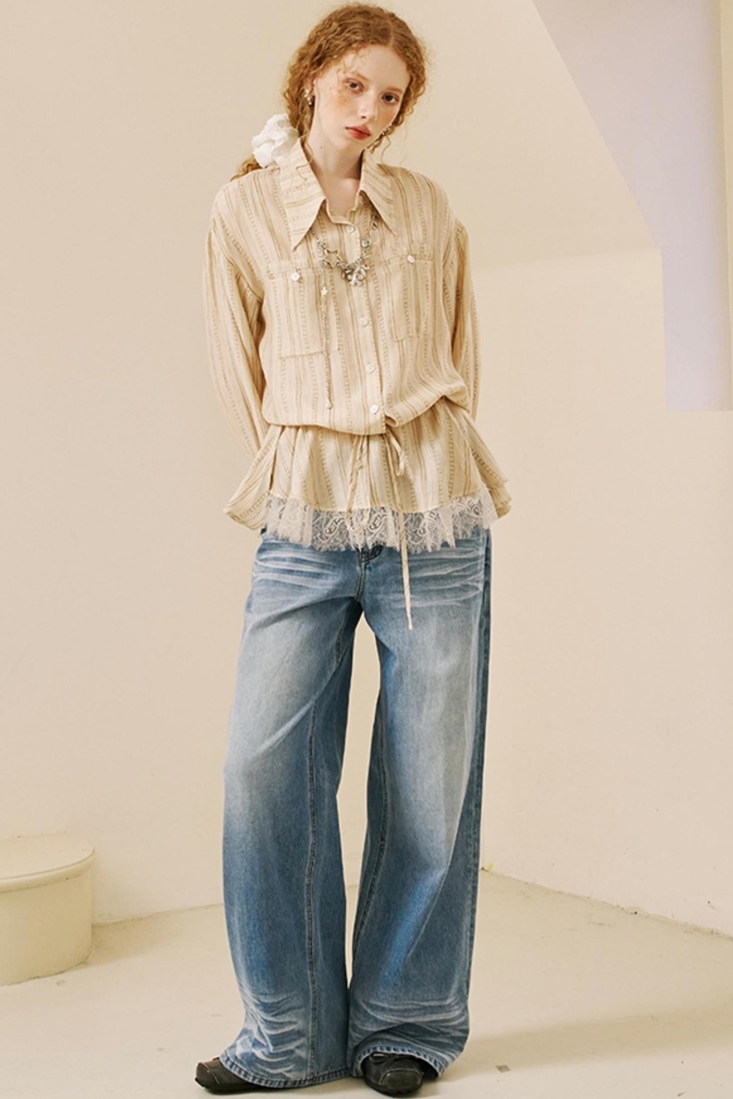 Vintage Lace-Trimmed Drawstring Shirt