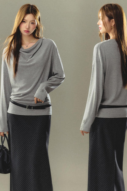 STACK NECK LOOSE LONG SLEEVE T-SHIRT