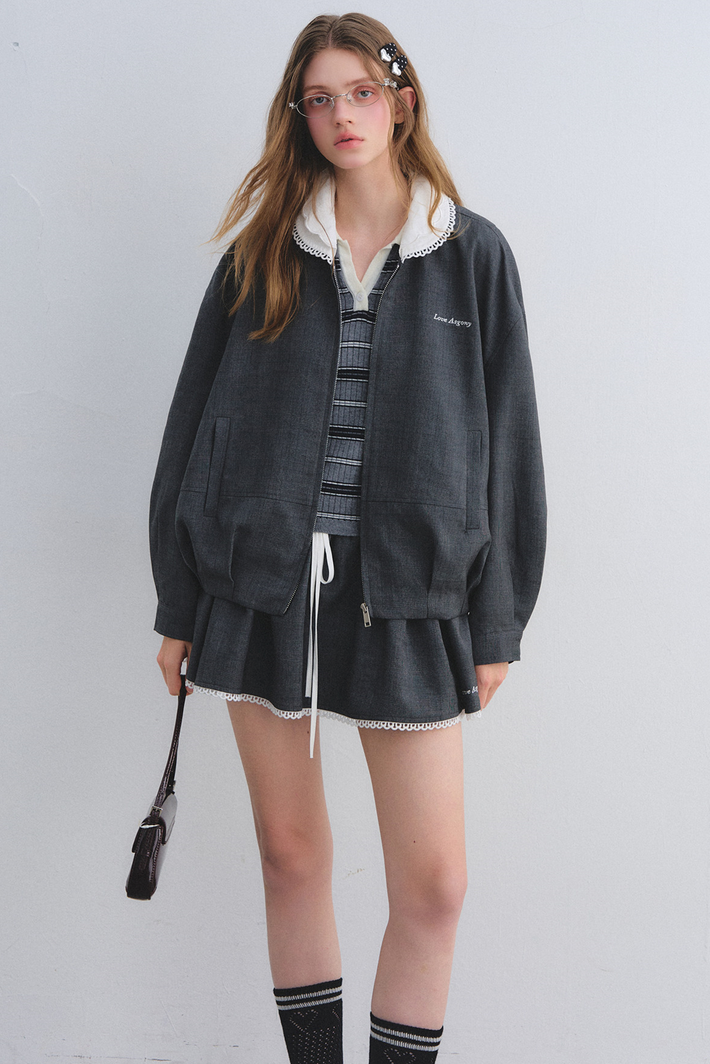 Lace Floral Gray Jacket Skirt Set-Up