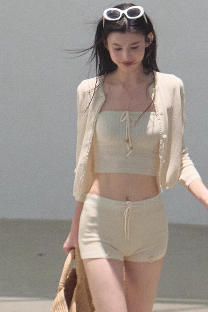 Apricot Blossom Ice Silk Knitted Cardigan Shorts Set-Up