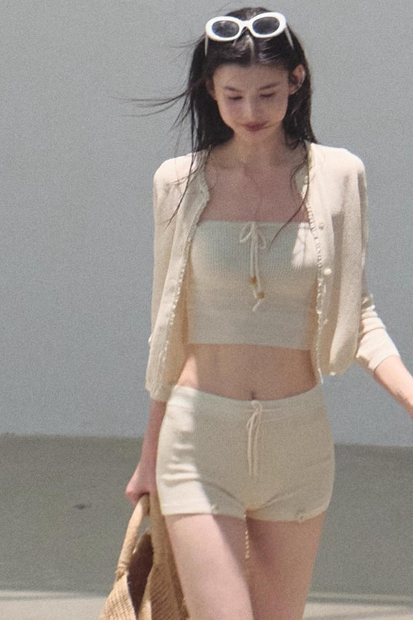 Apricot Blossom Ice Silk Knitted Cardigan Shorts Set-Up