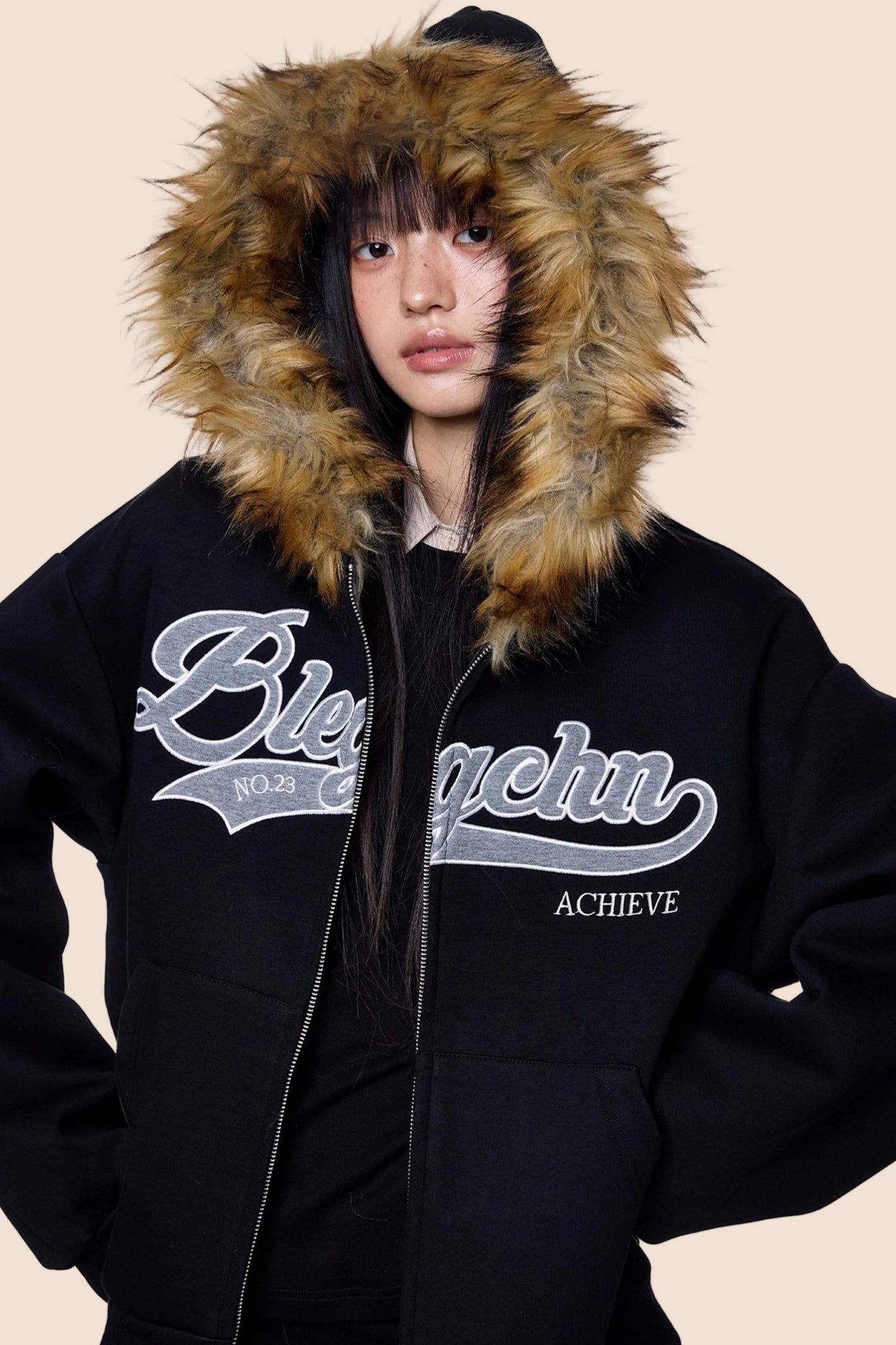 Embroidered Fur Collar Hooded Cardigan