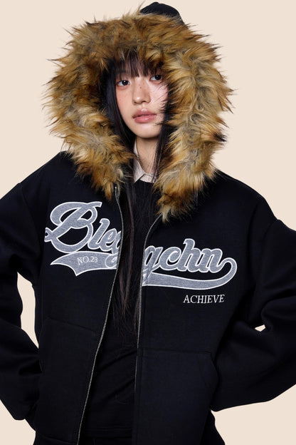 Embroidered Fur Collar Hooded Cardigan