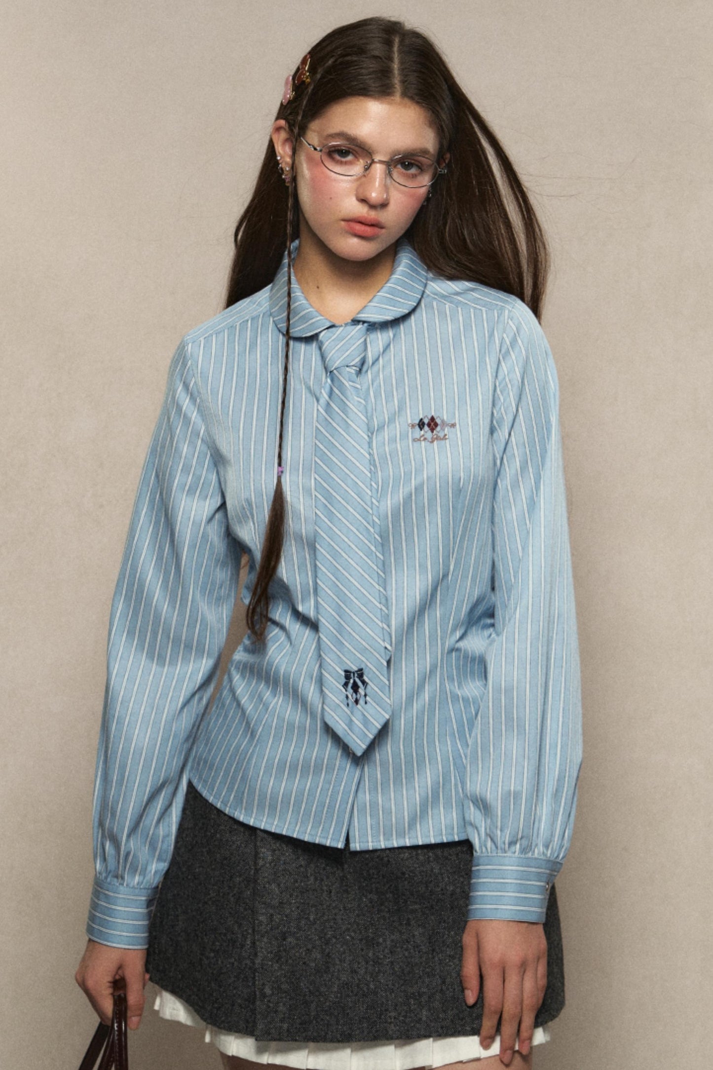 LOLOL ® 24FW Vintage Long Sleeve Blue & White Striped Shirt Women's Pre-Fall 2024 New Tie Shirt Top