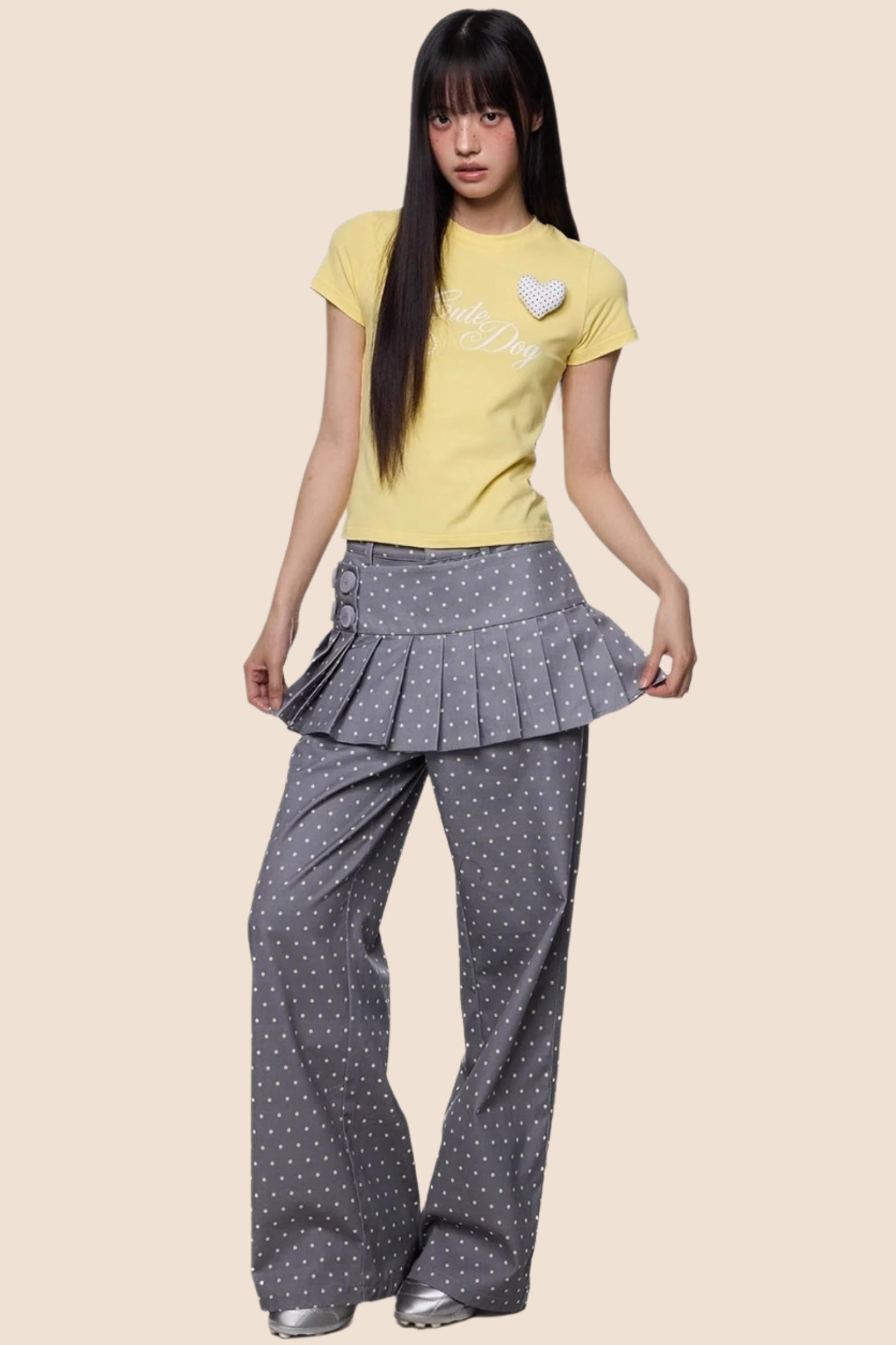 Gray And Yellow Polka Dots Pleated Skirt-Pants Set