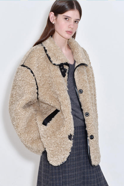 Furry Bear Color-Blocked Coat