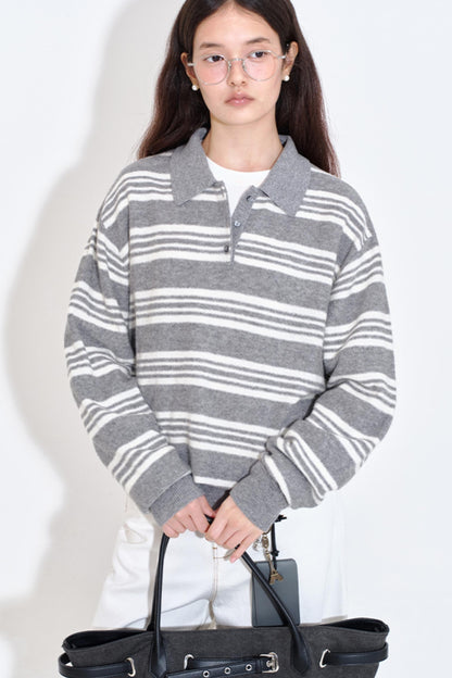 Soft Glutinous Texture Striped Polo Top