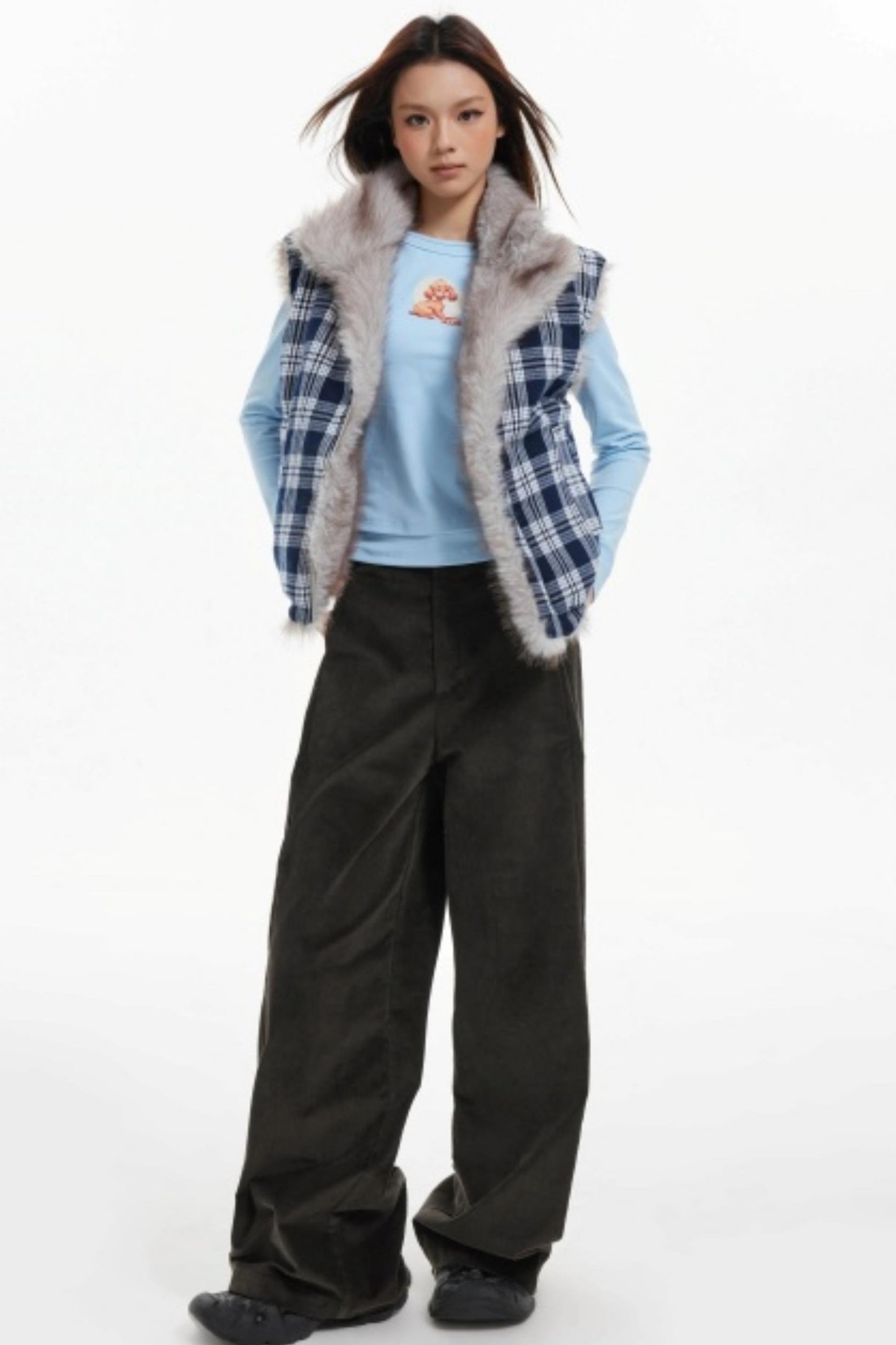 Plaid Lined Fur Vest Reversible Jacket