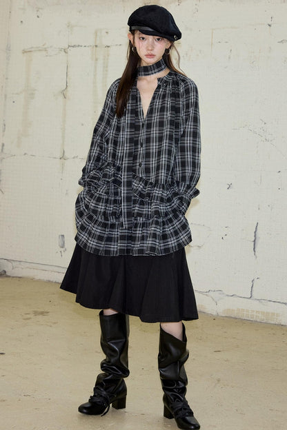 Plaid Ruffle Long Sleeve Shirt Dress