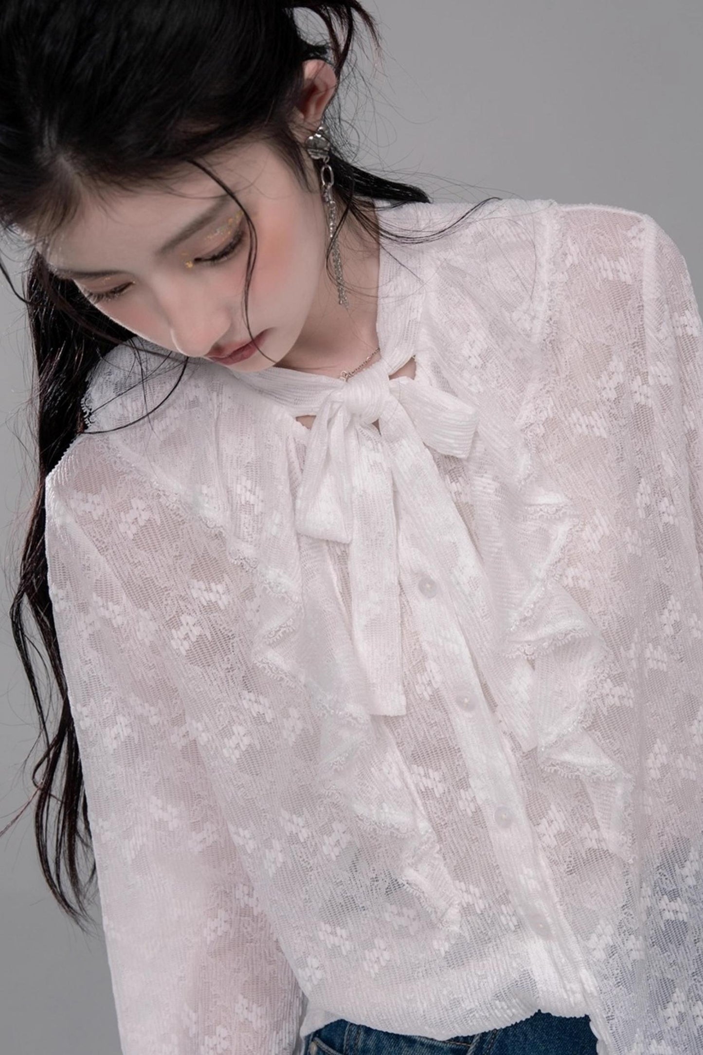 White Cloud Gauze Ruffled Shirt Set