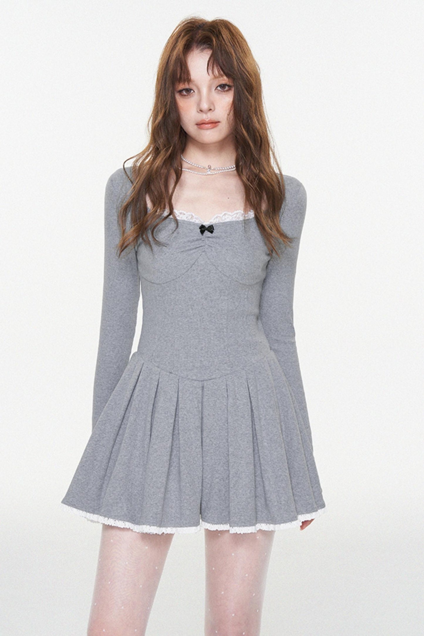 Gray Lace Bow-Detail U-Neck Dress