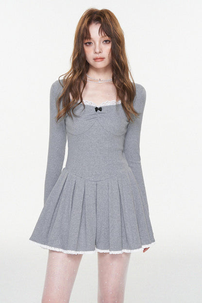 Gray Lace Bow-Detail U-Neck Dress
