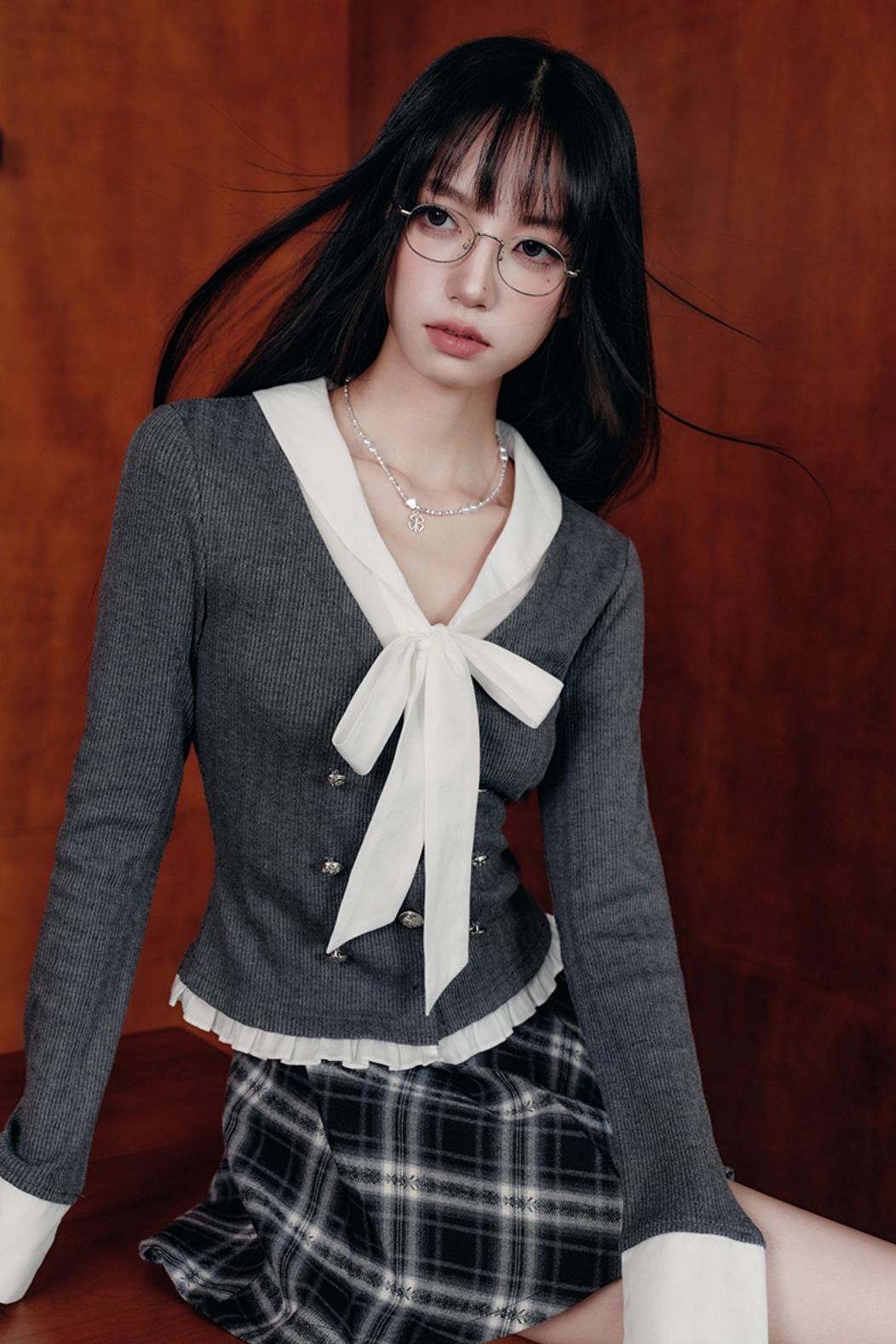 Bow Knit Fake Two-Piece College Top Set-Up