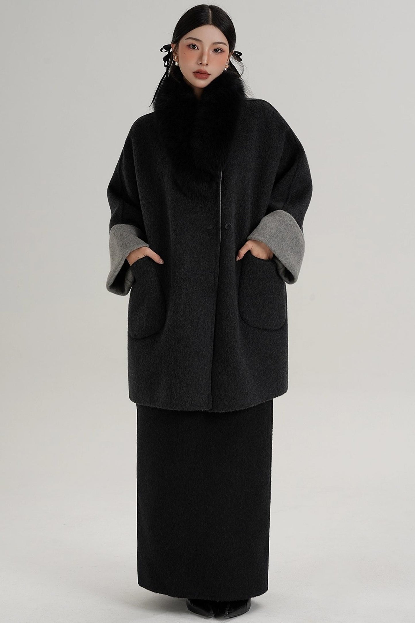 Elegant Fox Fur Collar Wool Cape Coat