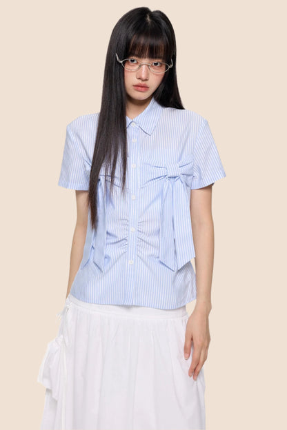 Light Blue Striped Bow Blouse