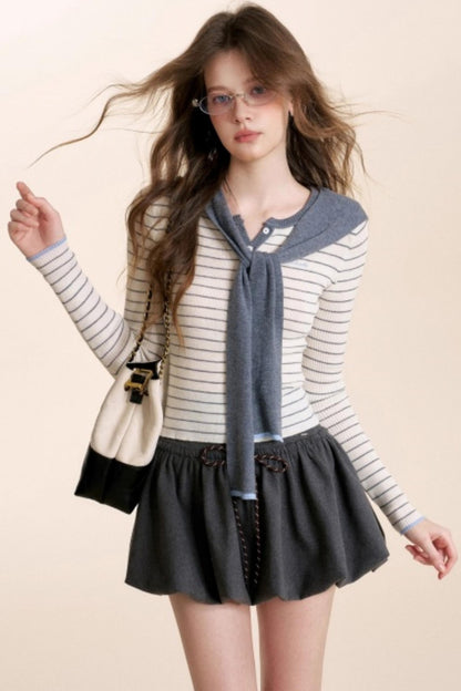 Color-Blocked Woolen Puff Skirt