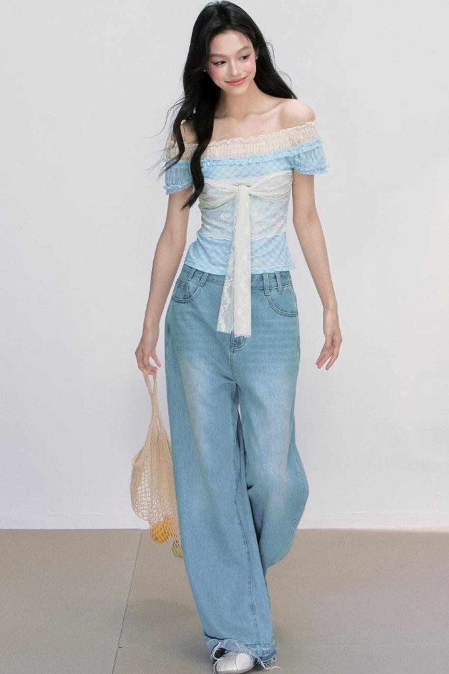 Strap Detail Off-Shoulder Lace Blouse