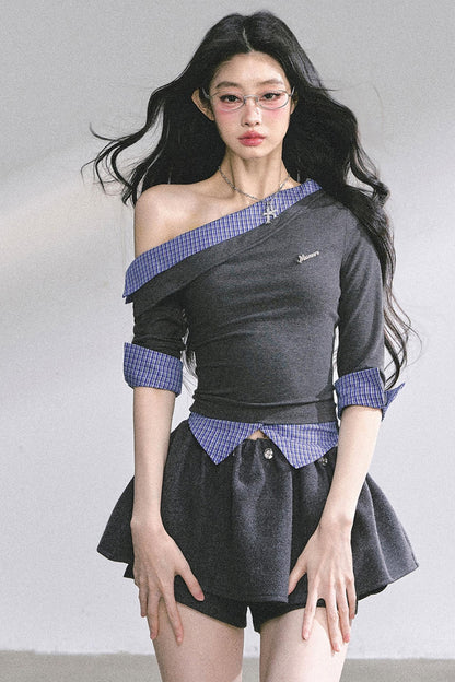 Gray Tone Slanted Shoulder Plaid T-shirt