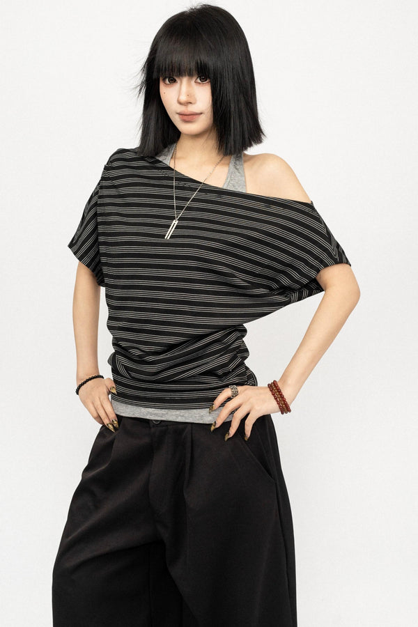 Retro Striped Halter Off-Shoulder Top
