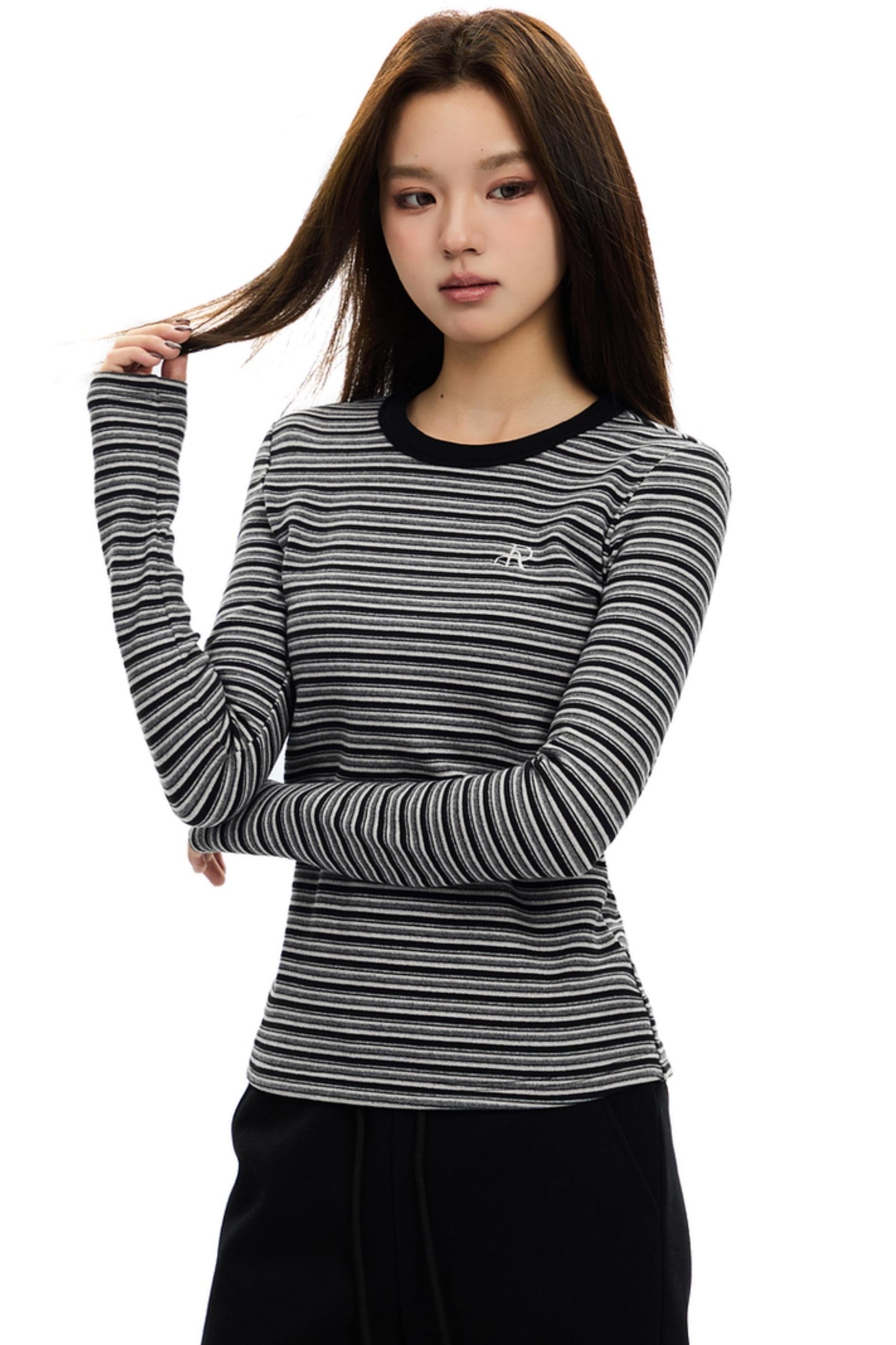 Brushed Crewneck Striped Long-Sleeve Top