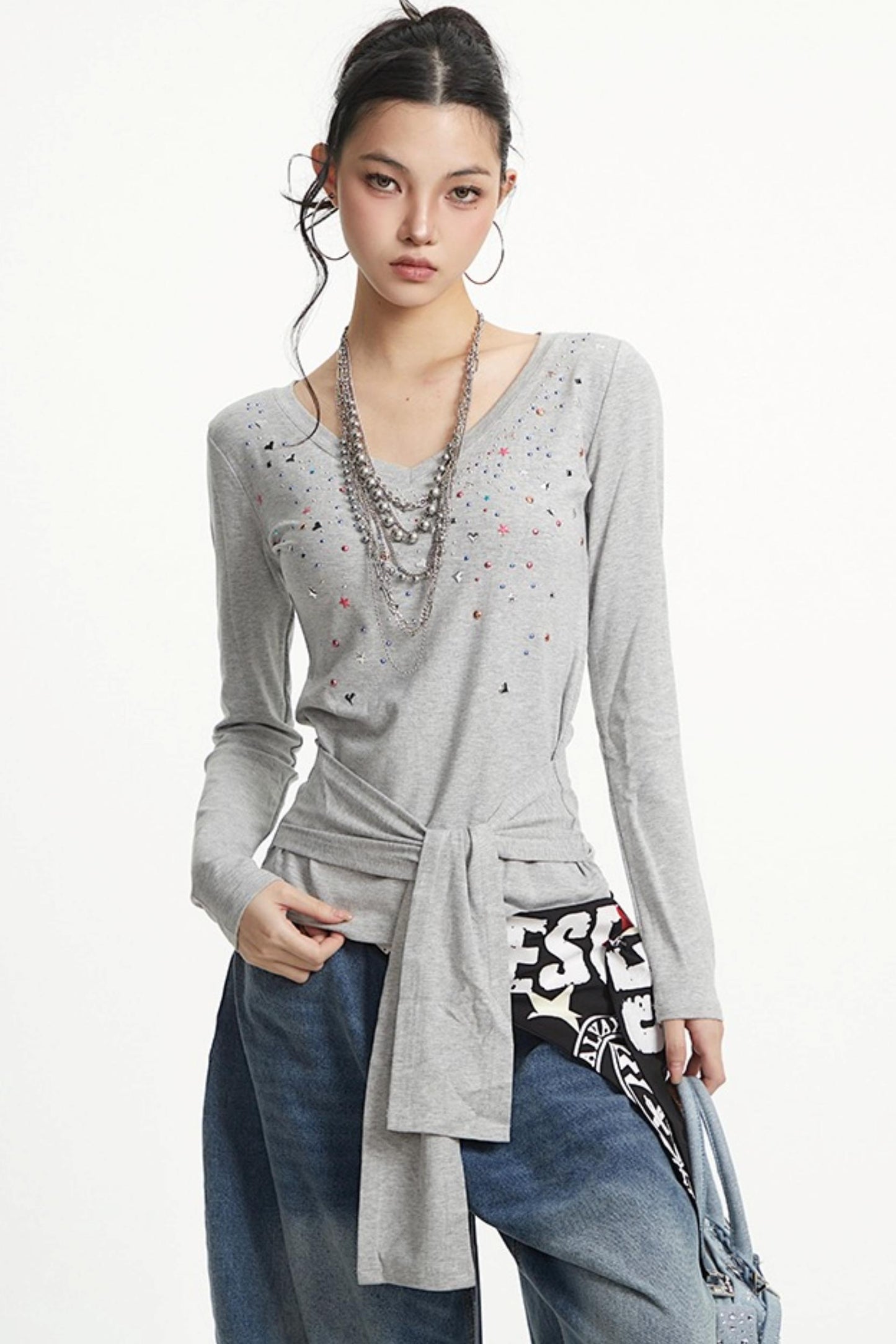 White Hot Girl V-Neck Long Sleeve T-Shirt