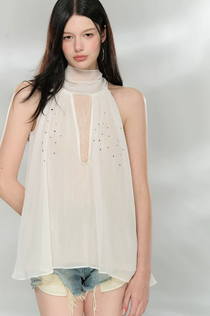 Rhinestone Chiffon Lace Blouse