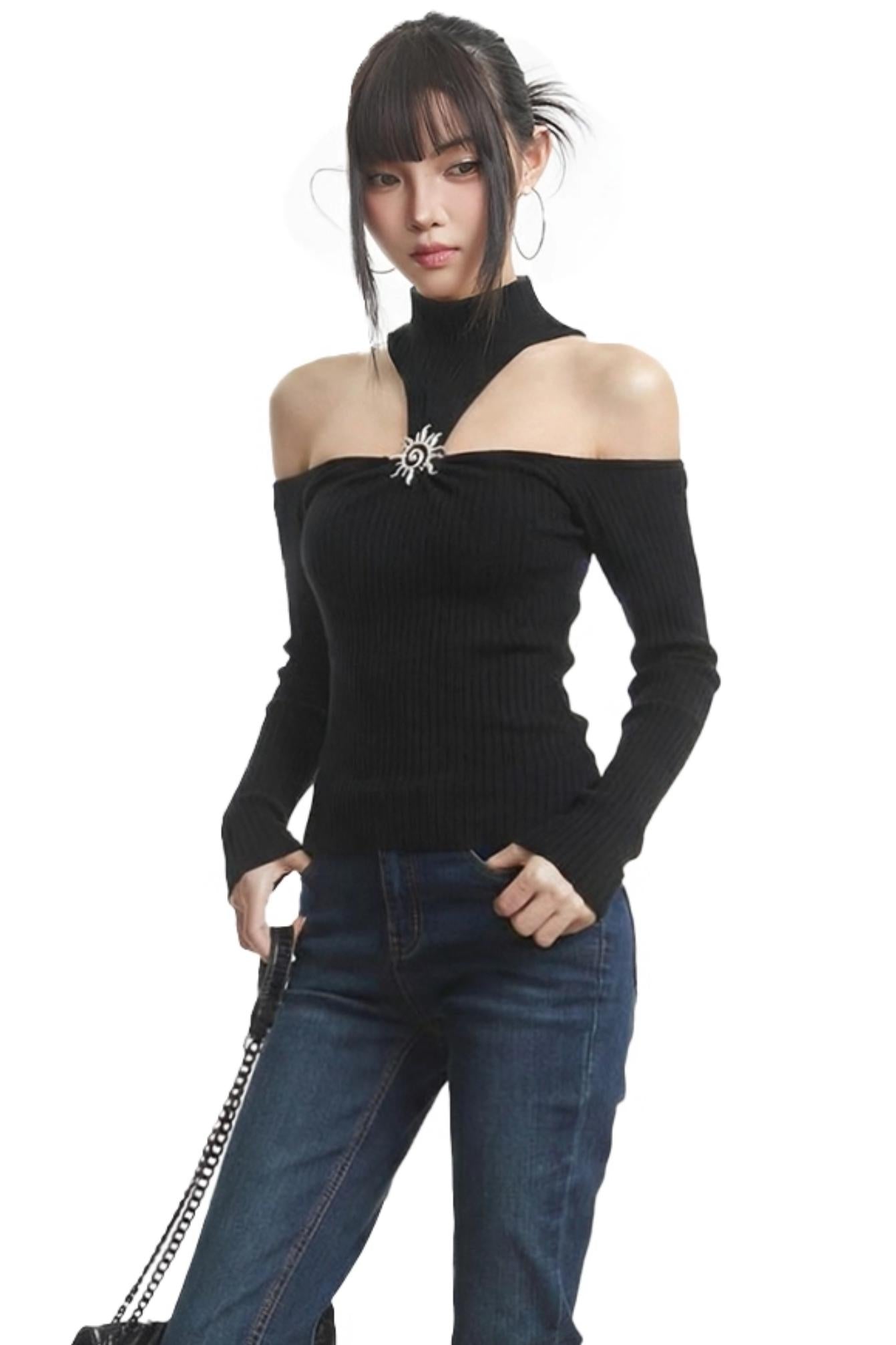 Black Off-Shoulder Halter Top