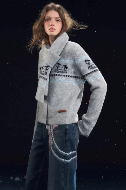 Fair Isle Scarf Cardigan Two-Piece Set