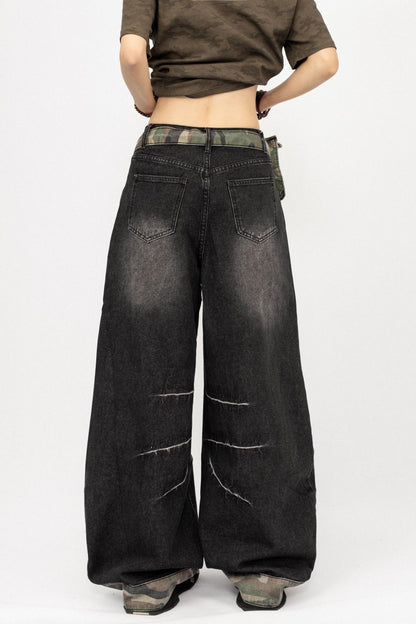 American Vintage Camouflage Ripped Loose Floor-Length Pants