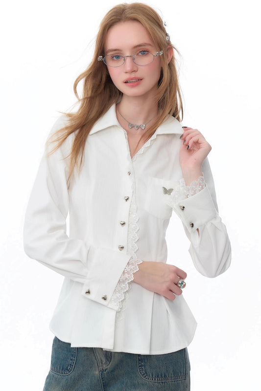 White Slim Lace Long-Sleeve Shirt