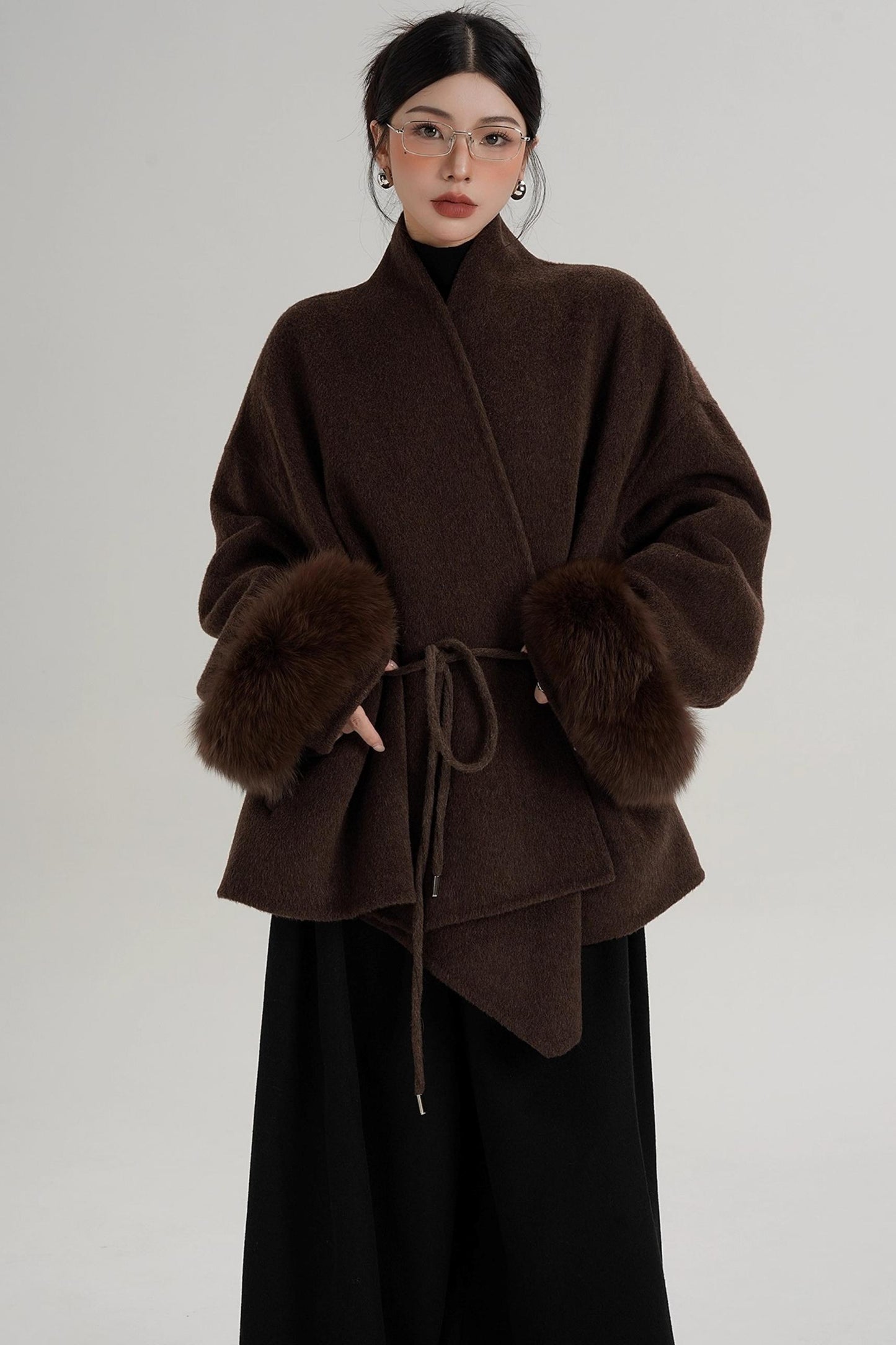 Elegant Fox Fur Sleeve Wool Coat