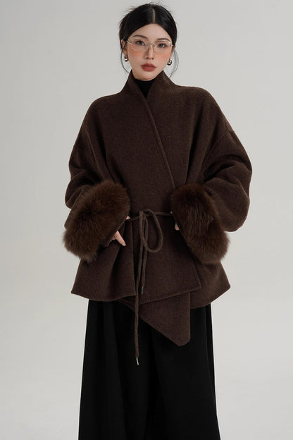 Elegant Fox Fur Sleeve Wool Coat