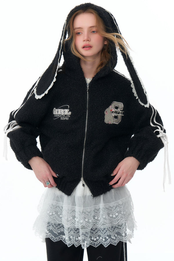 Rabbit Ears Hooded Black Tweed Jacket