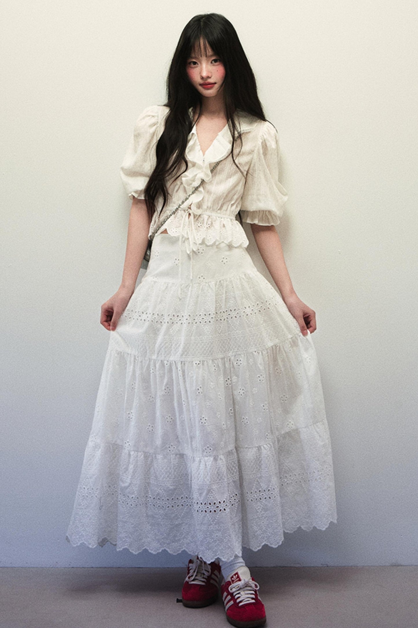 Embroidered Bubble Sleeve Skirt Set-Up