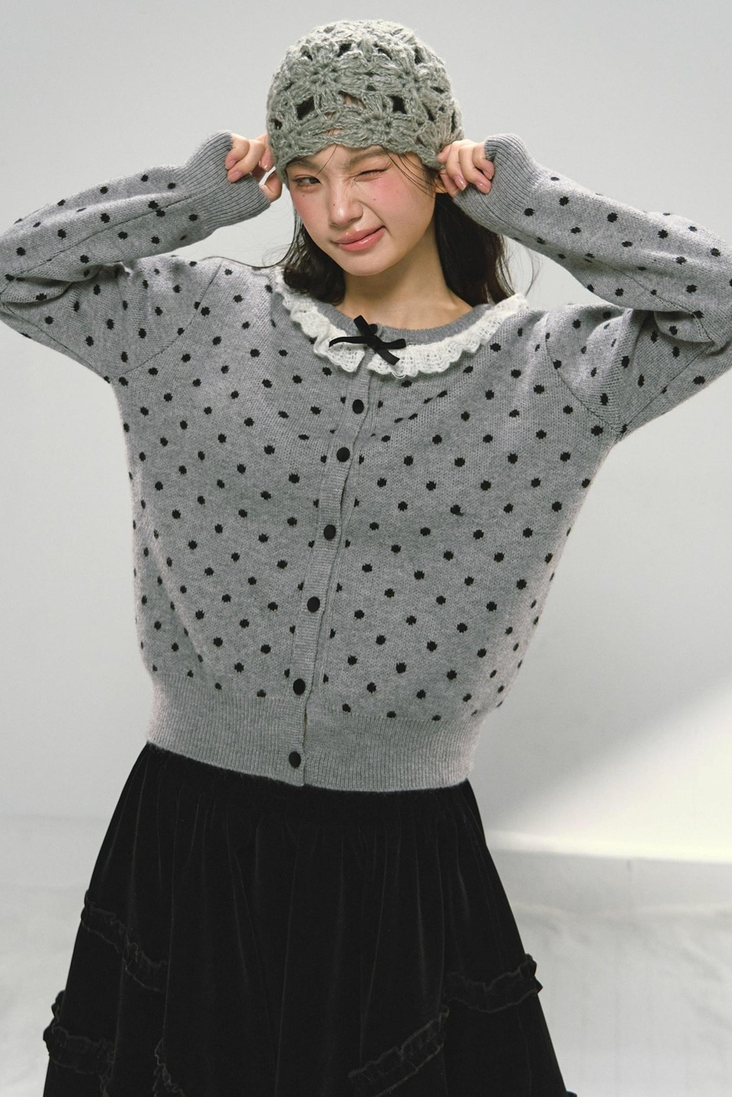 Lace Collar Polka Dot Cardigan