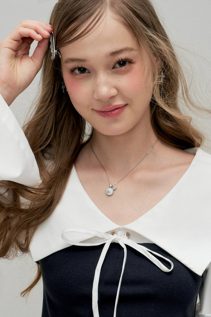 Navy Bow Patchwork Blouse