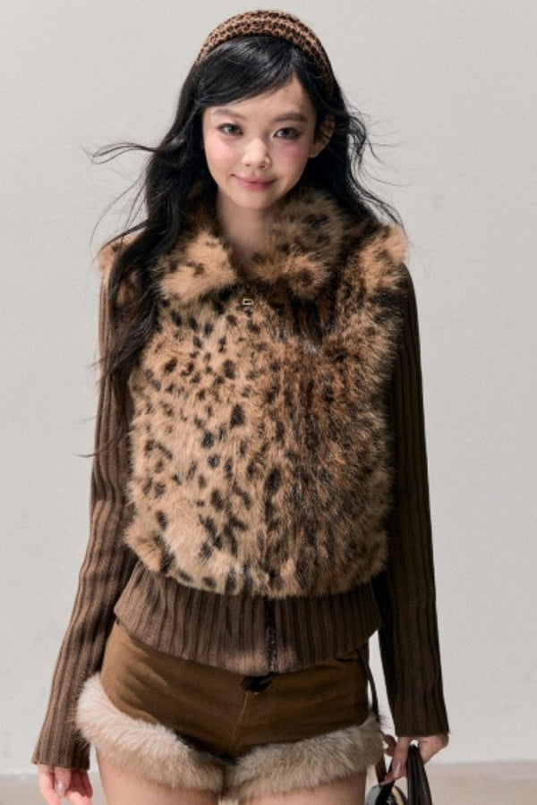 Faux Fur Leopard Knit Jacket