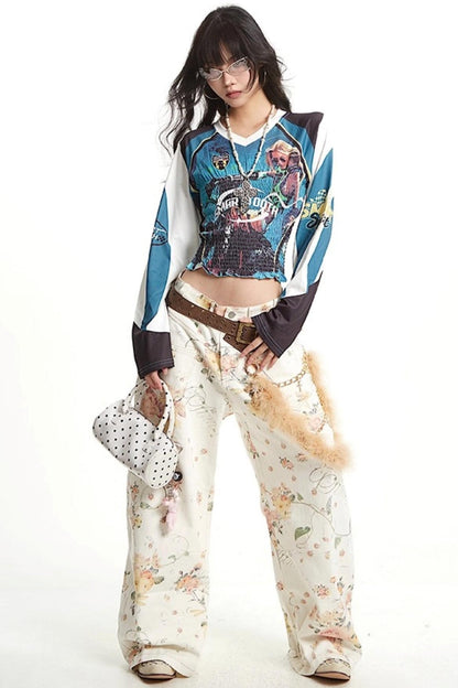 Vintage Pleated Jersey Long Sleeve T-Shirt